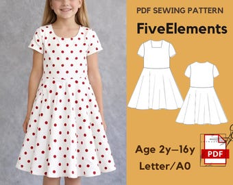 Girls Dress Sewing Pattern PDF | Age 2–16 | Simple Kids Dress Pattern | Fit and Flare Dress | Everyday Dress Pattern | Letter A0