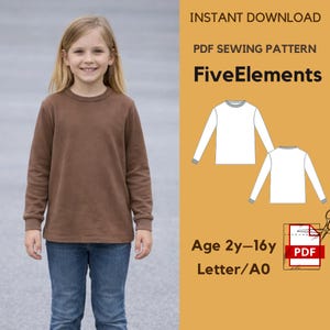 Puede incluir: Una niña sonriente con una camiseta marrón de manga larga y vaqueros azules. La imagen incluye un patrón de costura PDF con el texto "FiveElements" y el rango de edad "2y-16y".