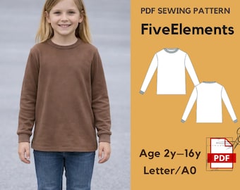 Kids Long Sleeve Shirt Sewing Pattern PDF 2Y-16Y - Unisex Basic Tee Pattern - Crew Neck Top - Digital Download - Letter & A0
