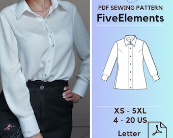 Frauen gewebte Baumwolle Bluse Schnittmuster Langarm Freizeit-Shirt PDF-Muster Einfache Digitales Muster