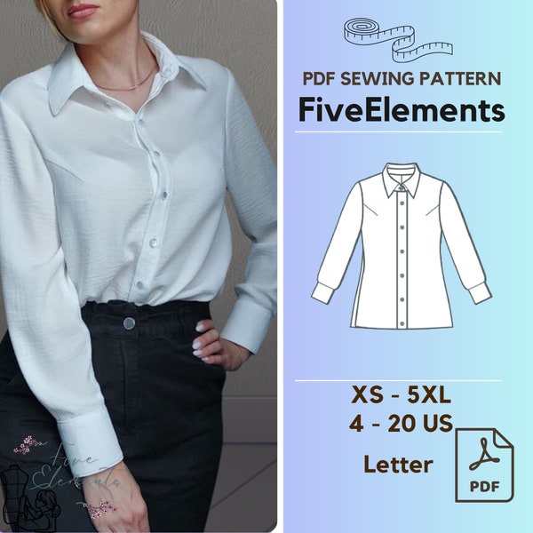 Women Woven Cotton Blouse Sewing Pattern Long Sleeve Casual Shirt PDF Pattern Simple Digital Pattern