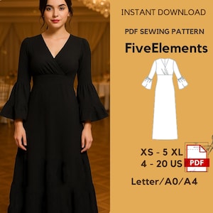 Puede incluir: Una mujer con un vestido negro con cuello en V y mangas acampanadas. La imagen incluye un patrón de costura PDF con el texto "FiveElements", rango de tallas "XS - 5 XL" y "4 - 20 US". El patrón está disponible para descarga instantánea.