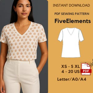 Peut inclure: Une femme porte un haut crème à col en V avec un motif floral répété. L'image comprend un patron de couture PDF avec le texte "FiveElements" et des options de taille de XS à 5XL, tailles 4-20 US.