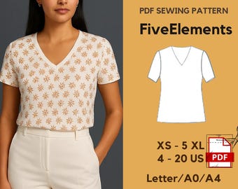 V-Neck T-Shirt Sewing Pattern | Women’s Knit Top PDF | Easy Sewing Pattern | Basic Tee Pattern | XS–5XL | A4/Letter/A0