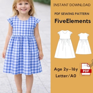 Puede incluir: Una niña con un vestido a cuadros azul y blanco con mangas con volantes. La imagen incluye un patrón de costura PDF con el texto "FiveElements" y el rango de edad "Age 2y-16y". El patrón es una descarga instantánea.