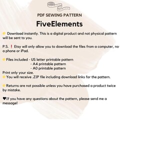 May include: A digital PDF sewing pattern titled "FiveElements" with text detailing file types and download instructions. Includes US letter, A4, and A0 printable patterns. The image features a sewing-themed graphic at the top.
