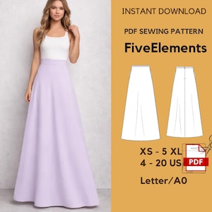 Puede incluir: Una mujer con una falda larga lila y una camiseta sin mangas blanca. La imagen incluye un patrón de costura PDF con el texto "FiveElements" e información de tallas: XS-5 XL, 4-20 US.