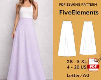 Women Maxi Skirt Sewing Pattern PDF | High Waisted Long A-Line Skirt | Elegant Formal Skirt Pattern | Evening & Bridesmaid Skirt