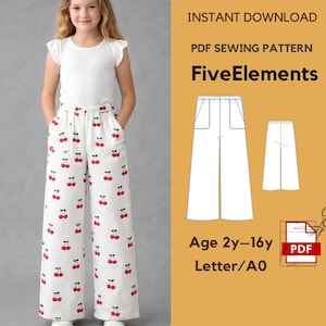 Molde para Calças de Pernas Largas para Meninas | Calças Palazzo Infantis em PDF | Molde para Calças com Elástico na Cintura | Idade 2–16 | Download Imediato