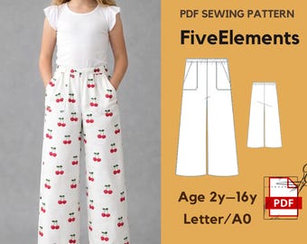 Naaipatroon meisjes wijde pijpen | Palazzo-broek voor kinderen pdf | Patroon broek elastische taille | Leeftijd: 2-16 jaar | Direct downloaden