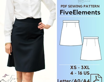 May include: A PDF sewing pattern for a black skirt with a high waist and a-line shape. The pattern is available in sizes XS to 3XL (US sizes 4 to 16) and can be printed on Letter, A0, or A4 paper. The pattern is from Five Elements.