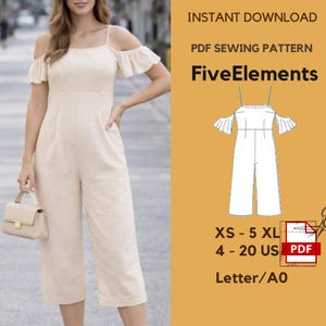 May include: A beige jumpsuit with off-the-shoulder ruffle sleeves and thin straps. The image also includes a PDF sewing pattern with the text "FiveElements" and size information: XS-5XL, 4-20 US.