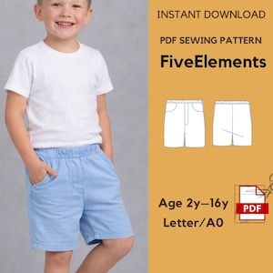 Könnte beinhalten: Ein Kind trägt ein weißes T-Shirt und hellblaue Shorts. Das Bild zeigt auch ein PDF-Schnittmuster für Shorts mit dem Text "FiveElements" und "Age 2y-16y". Das Muster ist als Sofort-Download verfügbar.