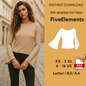 May include: A woman in a tan sweater with flared sleeves and black jeans. The image features a PDF sewing pattern labelled "FiveElements", with sizes XS - 3XL, 4-16 US, and Letter/A0/A4.