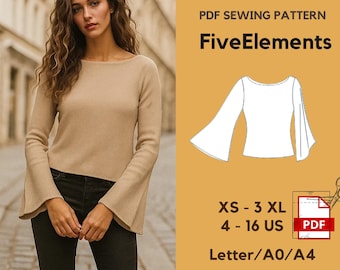 Boat Neck Top Sewing Pattern PDF Blouse Bell Sleeve Flared Sleeve Blouse PDF Sewing