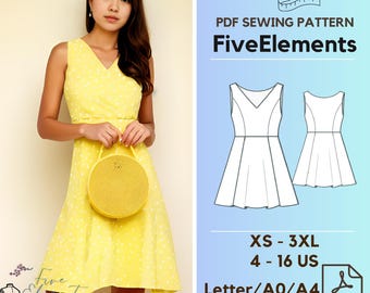 Women Sleeveless Circle Dress PDF Pattern V Neck Summer Dress Beginner Sewing Pattern