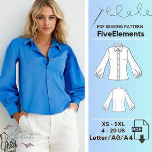 Women Woven Cotton Blouse Lantern Sleeve Sewing Pattern Long Sleeve Casual Shirt PDF Pattern Simple Digital Pattern