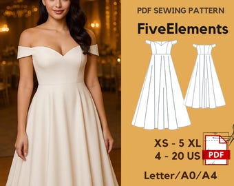 Off Shoulder Wedding Dress Sewing Pattern | Heart Neck Bridal Bridal PDF | Ball Gown PDF Pattern | XS–5XL | A0/A4/Letter
