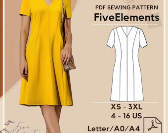 Patron de robe de soirée à col en V pour femme PDF Patron de couture pour robe simple avec lignes PDF