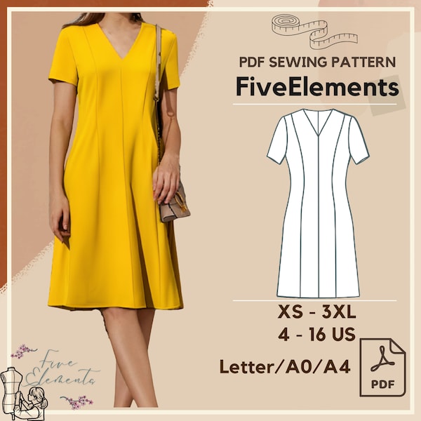 V Neck Party Dress Pattern Women Loose Dress PDF Sewing Pattern Simple Dress with Lines PDF