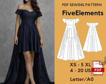 Patron de couture de robe à épaules dénudées PDF | Robe de soirée taille haute | formelle évasée ajustée | TP-5TG | Lettre A0 à télécharger