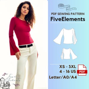 May include: PDF sewing pattern for a bell-sleeved top, sizes XS-3XL (4-16 US). The pattern is available in Letter, A0, and A4 sizes. The image shows a woman wearing a red top with the same style.