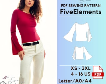 Boat Neck Top Sewing Pattern PDF Blouse Bell Sleeve Flared Sleeve Blouse PDF Sewing