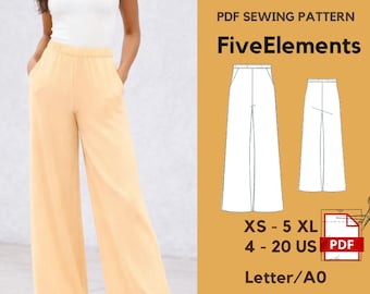 Patroon zomerelastische wijde broek | Ruimvallende broek | Taillebandbroek voor beginners | Gemakkelijke broek met wijde pijpen en hoge taille | Direct downloaden