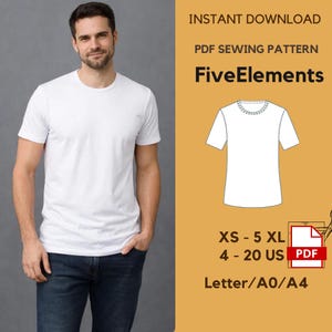 Puede incluir: Un hombre con una camiseta blanca y vaqueros azules. La imagen incluye el texto "INSTANT DOWNLOAD PDF SEWING PATTERN FiveElements XS - 5 XL 4 - 20 US PDF Letter/A0/A4". También se muestra un contorno de camiseta blanca.