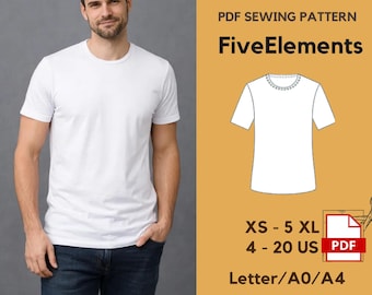 Men's Classic T-Shirt PDF Sewing Pattern | Basic Crew Neck Tee Pattern | Short Sleeve T-Shirt | XS–5XL | A4 A0 Letter