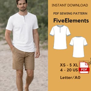 Könnte beinhalten: Ein Mann trägt ein weißes Henley-Shirt und khakifarbene Shorts. Das Bild enthält ein PDF-Schnittmuster mit dem Text "FiveElements" und Größenangaben: XS-5XL, 4-20 US. Das Muster ist sofort zum Download verfügbar.