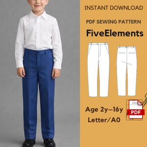 May include: A young person wearing a white button-down shirt and blue trousers. The image also includes a PDF sewing pattern with the text "FiveElements" and "Age 2y-16y". The pattern shows front and back views of the trousers.