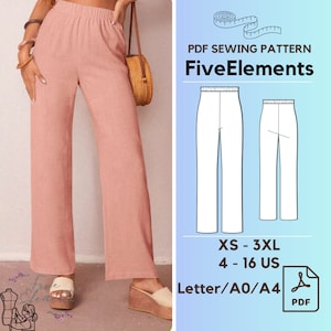 Elastic Waist Linen Pants PDF Sewing Pattern Women Wide Leg Pants Pattern Loose Trousers