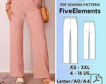Elastic Waist Linen Pants PDF Sewing Pattern Women Wide Leg