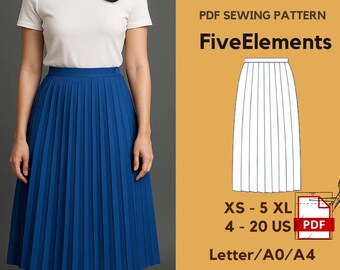 Patron de couture pour jupe midi plissée | Patron de couture jupe mi-longue pour femme | Patron de jupe taille haute | TP à 5TG (4 à 20 États-Unis) • A0/A4/Lettre