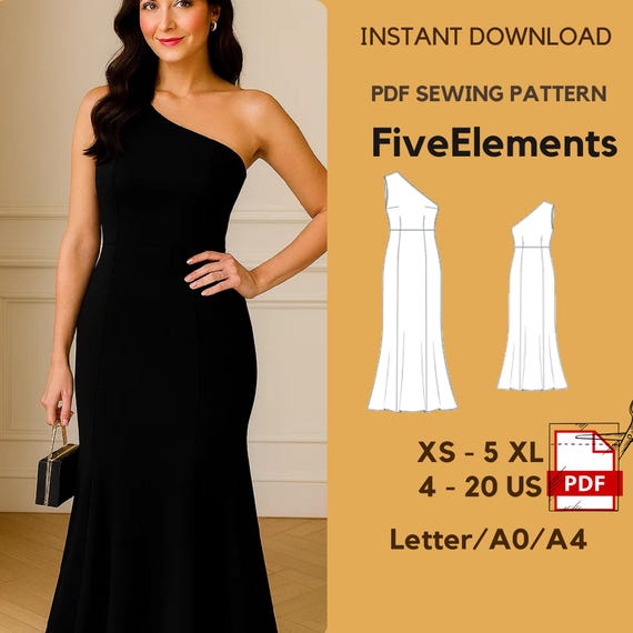 One-shoulder Evening Dress Sewing Pattern | Asymmetrical Gown PDF | Fitted  Mermaid Dress Pattern | Elegant Formal Dress | XS5XL - Etsy