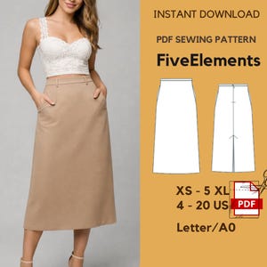 Könnte beinhalten: Eine Frau trägt einen beigefarbenen Rock mit Taschen und ein weißes Spitzentop. Das Bild zeigt auch ein PDF-Schnittmuster mit dem Text "FiveElements", Größen XS-5XL und "Sofort-Download".