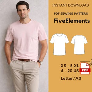 Puede incluir: Una persona viste una camiseta rosa claro y pantalones color caqui. La imagen incluye un patrón de costura PDF con el texto "FiveElements", rango de tallas "XS - 5 XL" y tallas "4 - 20 US". El patrón está disponible para descarga instantánea.