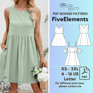 Könnte beinhalten: PDF-Schnittmuster für ein ärmelloses Kleid mit Rundhalsausschnitt und gerafftem Rock. Das Schnittmuster umfasst drei verschiedene Stile: ein ärmelloses Kleid, ein Kleid mit V-Ausschnitt und ein Kleid mit Cold-Shoulder-Ärmeln. Das Schnittmuster ist in den Größen XS-3XL (deutsche Größen 34-46) erhältlich.