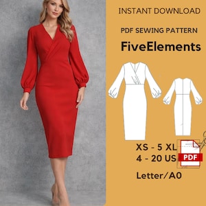 Puede incluir: Un vestido rojo con mangas largas y cuello en V. La imagen también incluye un patrón de costura PDF con el texto "FiveElements", tallas XS-5XL y tallas 4-20 US.