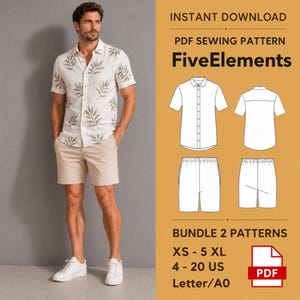Men’s Summer Outfit Bundle PDF Sewing Pattern, Short Sleeve Shirt and Shorts Pattern, Casual Set, XS-5XL, Letter A0