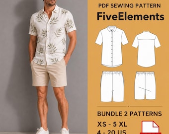 Men’s Summer Outfit Bundle PDF Sewing Pattern, Short Sleeve Shirt and Shorts Pattern, Casual Set, XS-5XL, Letter A0
