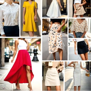 Op de afbeelding: Collectie dameskleding, waaronder een wit overhemd, een gele V-hals jurk, een witte rok, een tan minirok, een rok met bloemenprint, een bloemen top, een rode high-low rok, een zwarte minirok, een cr&egrave;mekleurige minirok en een witte potloodrok.