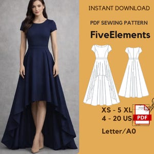 May include: A navy blue high-low dress with a round neckline and short sleeves. The dress has a fitted bodice and a flowing skirt. The image also includes a PDF sewing pattern with the text "FiveElements".