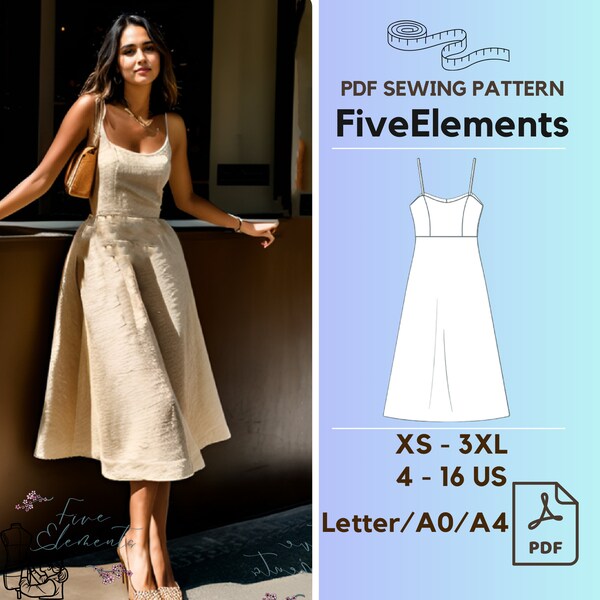 Midi Dress Sewing Pattern Digital Sewing Pattern PDF A-Line Dress Pattern Midi Dress Sewing Pattern