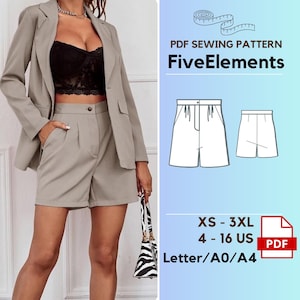 May include: A PDF sewing pattern for shorts, called "Five Elements", with a size range of XS to 3XL (US sizes 4 to 16). The pattern is available in Letter, A0, and A4 sizes.