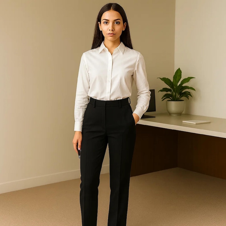 May include: A person wearing a white button-down shirt and black dress pants. The shirt has long sleeves and a classic collar. The pants are high-waisted and straight-legged. The outfit is suitable for business or formal occasions.