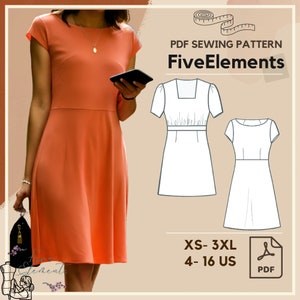 Könnte beinhalten: PDF-Schnittmuster für ein Kleid mit quadratischem Ausschnitt und kurzen Ärmeln. Das Schnittmuster ist in den Größen XS-3XL (4-16 US) erhältlich. Das Schnittmuster ist mit einem weißen Kleid auf beigefarbenem Hintergrund illustriert. Der Text "FiveElements" steht in großer Schrift über dem Schnittmuster.