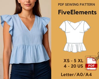 Women Top Pattern | Peplum Top Sewing Pattern |  Ruffled Top | Digital Sewing Pattern | Women Sewing Patterns | Blouse Sewing Pattern