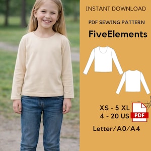 May include: A young person wearing a long-sleeved, light beige shirt and blue jeans. The image includes text that reads "INSTANT DOWNLOAD PDF SEWING PATTERN FiveElements" and sizing information for the pattern.
